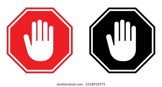 Señal de stop hand. Conjunto de iconos de Vector negro y rojo. Señal de prohibición con la mano. No hay entrada. Símbolo de octágono de advertencia prohibido.