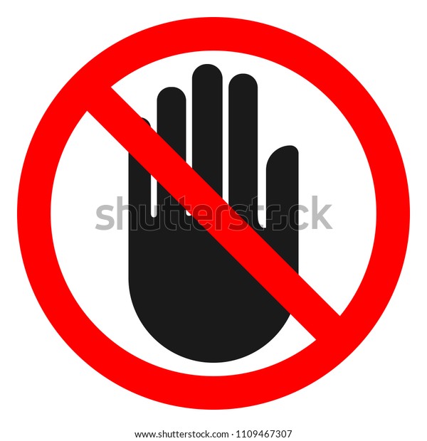 STOP HAND sign. Black hand silhouette in red crossed out circle. Vector