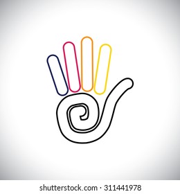 stop hand sign colorful vector logo line icon. this also represents greetings like hi, hello, waving hand at others, showing number 5, asking to wait, kids coloring hands