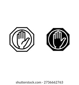 Stop hand sign icon set in outline and filled style isolated on