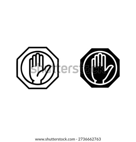 Stop hand sign icon set in outline and filled style isolated on
