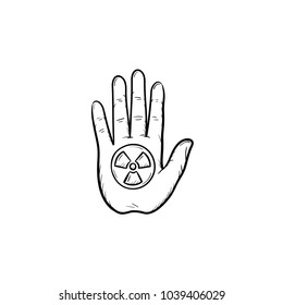 Stoppen Sie das Handzeichen mit dem Symbol für ionisierende Strahlung, handgezeichnet doodle Symbol. Palmhandschuh mit Stopp-Geste, Vektorgrafik für Druck, Web, Mobilfunk und Infografiken einzeln auf weißem Hintergrund.