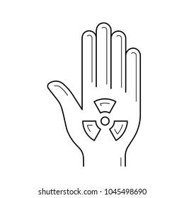 Stop hand sign with ionizing radiation vector line icon isolated on white background. Palm hand with stop gesture line icon for infographic, website or app.