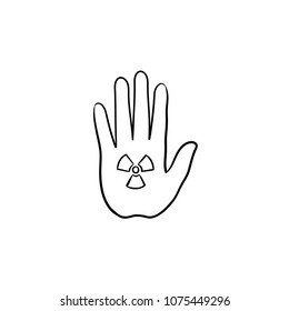 Stop hand sign with ionizing radiation symbol hand drawn doodle icon. Palm hand with stop gesture vector sketch illustration for print, web, mobile and infographics isolated on white background.