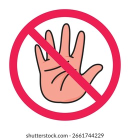 Señal de la mano de la parada, ninguna señal de la mano, señal de tacto prohibida, no toque el símbolo, Ilustración vectorial plana