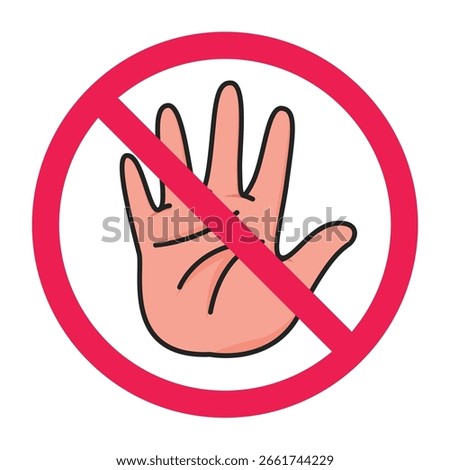 Stop hand sign, no hand sign, forbidden touching sign, do not touch symbol, flat vector illustration