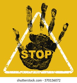 Stop hand sign on yellow background. Danger warning sign. 