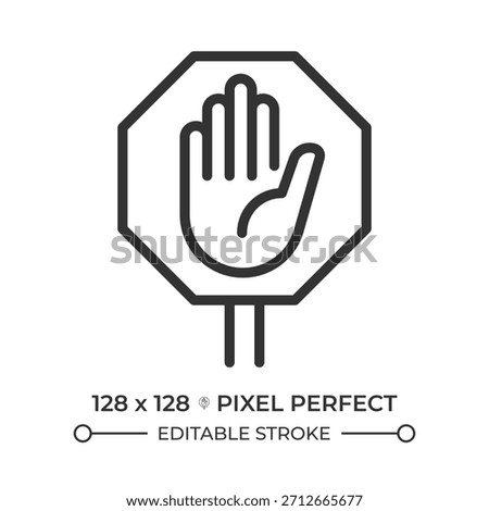 Stop hand sign pixel perfect line icon. Traffic safety warning. Message for drivers. Road infrastructure. Isolated vector illustration. Outline symbol. Simple linear drawing. Editable stroke