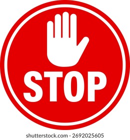 Stopp Handzeichen - Roter Kreis mit weißer Handsilhouette und STOP Text, flaches Vektordesign