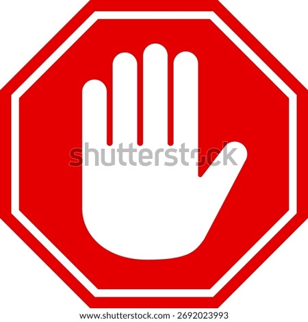 Stop Hand Sign – Red Octagon with White Hand Silhouette, Flat Vector Design