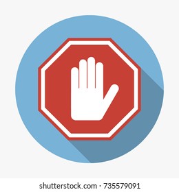 Stop hand sign. Red octagonal symbol for prohibited activities. Hand blocking. Vector 