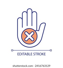 Stop hand sign RGB color icon. Stop gesture. No touching. No entry. Denied access. Not approved. Restricted area. Isolated vector illustration. Simple filled line drawing. Editable stroke