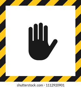 Stop hand sign in striped black and yellow frame isolated on white background. Illustration with icon of hand palm. Design with caution icon for banner, poster or signboard. Danger warning