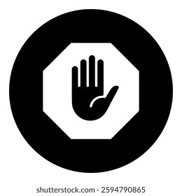 A stop hand symbol in the center. Isolated white symbol in black circle. Vector illustration on white background