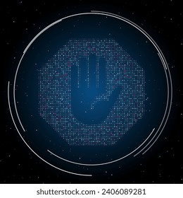 The stop hand symbol filled with white dots. Pointillism style. Some dots is pink. Vector illustration on blue background with stars