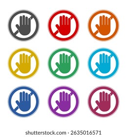 Icono del símbolo de la mano de la parada aislado en el fondo blanco. Establecer iconos de colores