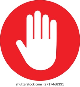 Stopphandsymbol im roten Kreis - Verbots- und Sicherheitskontrollzeichen, Warnhinweis für den öffentlichen Bereich, Hinweisschilder für Notfallwarnungen, Hinweise zum Verhalten am Arbeitsplatz und in der Einrichtung, Symbol für Aktionsprävention und Bewegungsstopp.