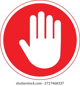 Stopphandsymbol im roten Kreis - Verbots- und Bewegungshalteschild, Sicherheits-Kontroll- und Verhaltens-Regel-Beschilderung, öffentlicher Bereich, Arbeitsplatz und Warnsymbol für Notfallprävention und Aktionseinschränkung.