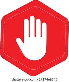 Stopp-Handsymbol im roten Hexagon - Verbots- und Bewegungshalteschild, Sicherheits-Kontroll- und Verhaltens-Regel-Beschilderung, Öffentliche Bereichsbeschränkung, Arbeitsplatz- und Einrichtungs-Warnsymbol für Notfallprävention und Eingriffsbeschränkung.