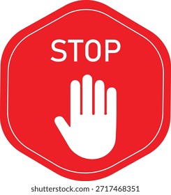 Stopp-Handsymbol mit rotem Hexagon-Hintergrund und fett weißem Text - Verbots- und Sicherheitswarnzeichen, Public Area Regulation, Notfallalarm, Aktionsprävention und Bewegungshaltesymbol für Arbeitsplätze, Gewerbe und öffentliche Räume.