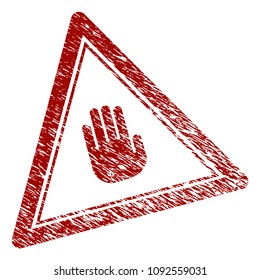 Stop hand triangle rubber stamp seal. Vector element with distress design and dust texture in red color. Designed for overlay watermarks and distressed seal imprints.
