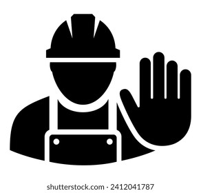 Stop hand vector sign, construction site restricted area. No entry symbol with builder avatar.