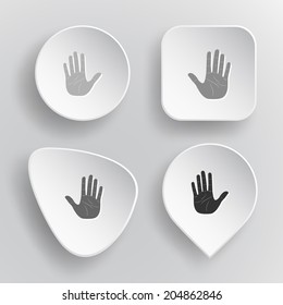 Stop hand. White flat vector buttons on gray background.