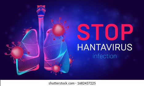 Stop Hantavirus infection vector illustration with human lungs, bacteria cell and microbes. Pulmonary syndrome (HPS) healthcare banner template for Orthohantavirus therapy medical web site design