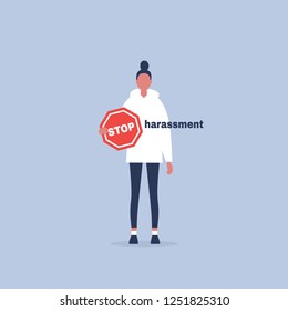 Stop harassment. Conceptual illustration. Young female character holding a Stop road sign. Flat editable vector cartoon, clip art