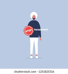 Stop harassment. Conceptual illustration. Young indian character holding a Stop road sign. Flat editable vector cartoon, clip art