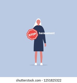 Stop harassment. Conceptual illustration. Young female character holding a Stop road sign. Flat editable vector cartoon, clip art