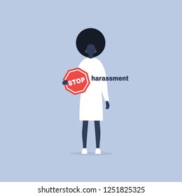 Stop harassment. Conceptual illustration. Young black female character holding a Stop road sign. Flat editable vector cartoon, clip art