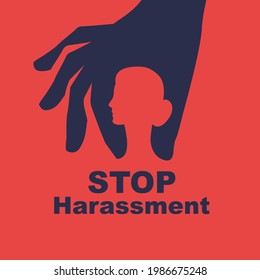 Stop harassment. Rape woman. Sexual harassment. Victim male attention. Banner for web and print. Silhouette of a woman and male hands. Take a woman. Vector illustration flat design.