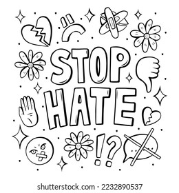 Stop Hate line art poster with emojis, stop hating hand drawn vector illustration in retro comic style