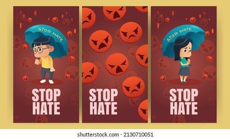 Stoppen Sie Hate-Poster mit asiatischen Kindern unter Regenschirmen und fallen Sie rot wütend Emoji. Vertikale Vektorbanner des Protests gegen Rassismus und Hass mit Cartoon-Illustration trauriger Mädchen und Jungen aus Asien