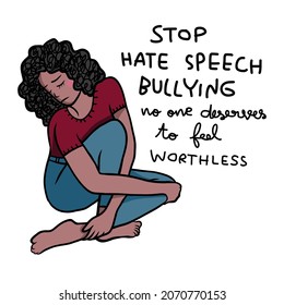 Stop hate speech and bullying people, sadness woman cartoon vector illustration