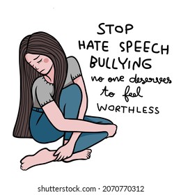 Stop hate speech and bullying people, sadness woman cartoon vector illustration