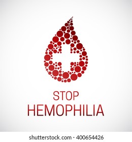 Stop hemophilia. World Hemophilia Day vector illustration poster. Drop of blood with medicine cross isolated.