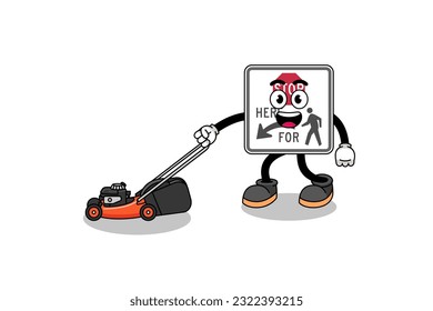 stop here for pedestrians illustration cartoon holding lawn mower , character design