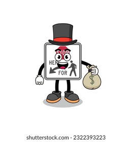 stop here for pedestrians mascot illustration rich man holding a money sack , character design