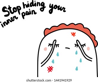 Stop hiding your inner pain hand drawn vector illustration in cartoon style. Woman crying with injuries violence minimalism