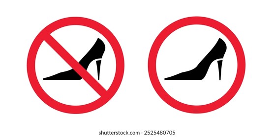 Stop Zapato de tacón alto, prohibido, no para mujeres. No hay zapatos de mujer, icono prohibido. Piernas de mujer en icono de tacones altos. No se permiten tacones, zapatos.