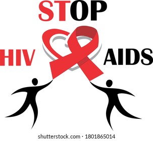 Stop the HIV / AIDS sign with two people holding red ribbons on a white background.