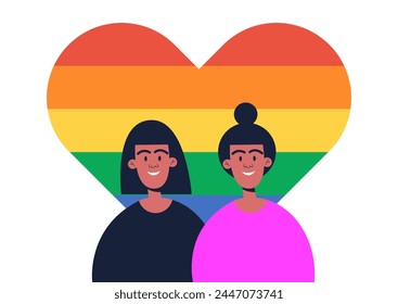 Stop Homophobia. 17 may. LGBT Pride rainbow hand protest symbol. Lesbian couple. Flat vector illustration.