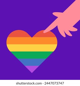 Stop Homophobia. 17 may. LGBT Pride rainbow hand protest symbol. Hand points to heart. Flat vector illustration.