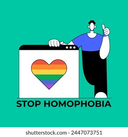 Stop Homophobia. 17 may. LGBT Pride rainbow hand protest symbol. Web window with text. Flat vector illustration.