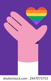 Stop Homophobia. 17 may. LGBT Pride rainbow hand protest symbol. Hand with pride heart. Flat vector illustration.