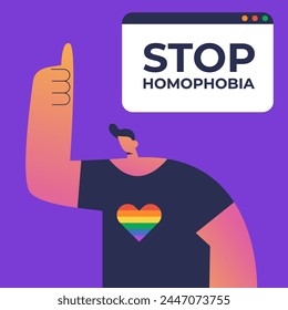 Stop Homophobia. 17 may. LGBT Pride rainbow hand protest symbol. Boy points on web widow. Flat vector illustration.