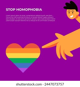 Stop Homophobia. 17 may. LGBT Pride rainbow hand protest symbol. Man points on heart. Flat vector illustration.