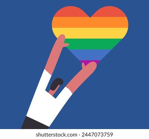 Stop Homophobia. 17 may. LGBT Pride rainbow hand protest symbol. Boy bring heart. Flat vector illustration.